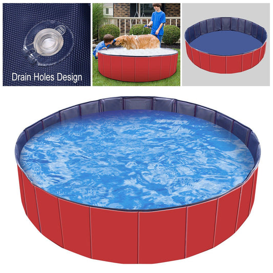 Red foldable pet pool filled with water, navy interior, low walls and textured bottom