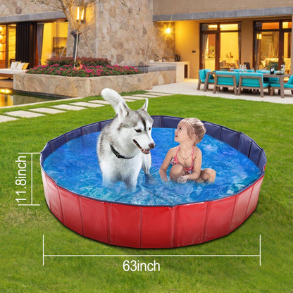 Pool in yard with child and dog showing 63 inch diameter and 11.8 inch wall height measurements