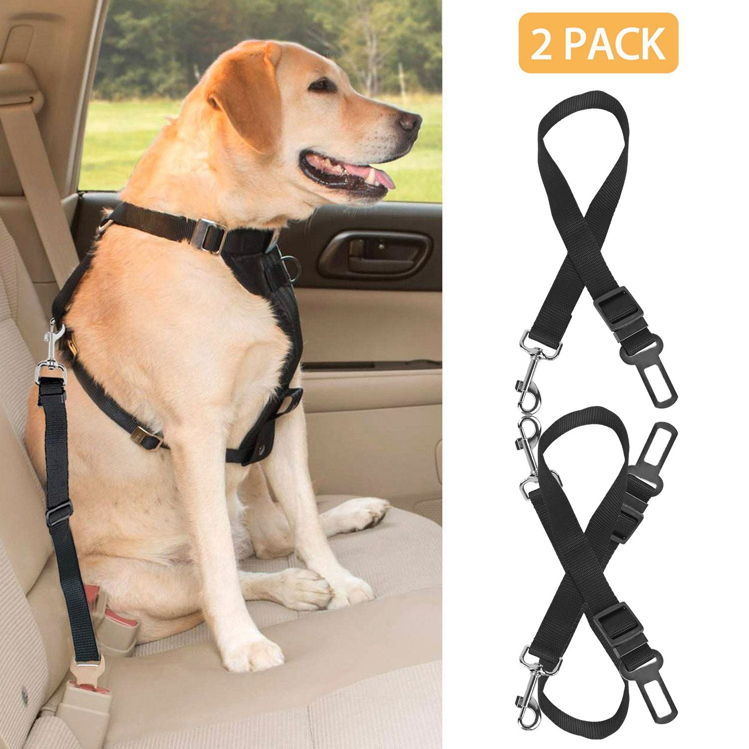 Dog in car wearing harness attached to adjustable black seat belt leash with metal tab and swivel clip
