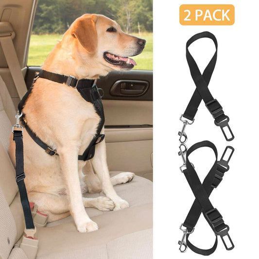Dog in car wearing harness attached to adjustable black seat belt leash with metal tab and swivel clip