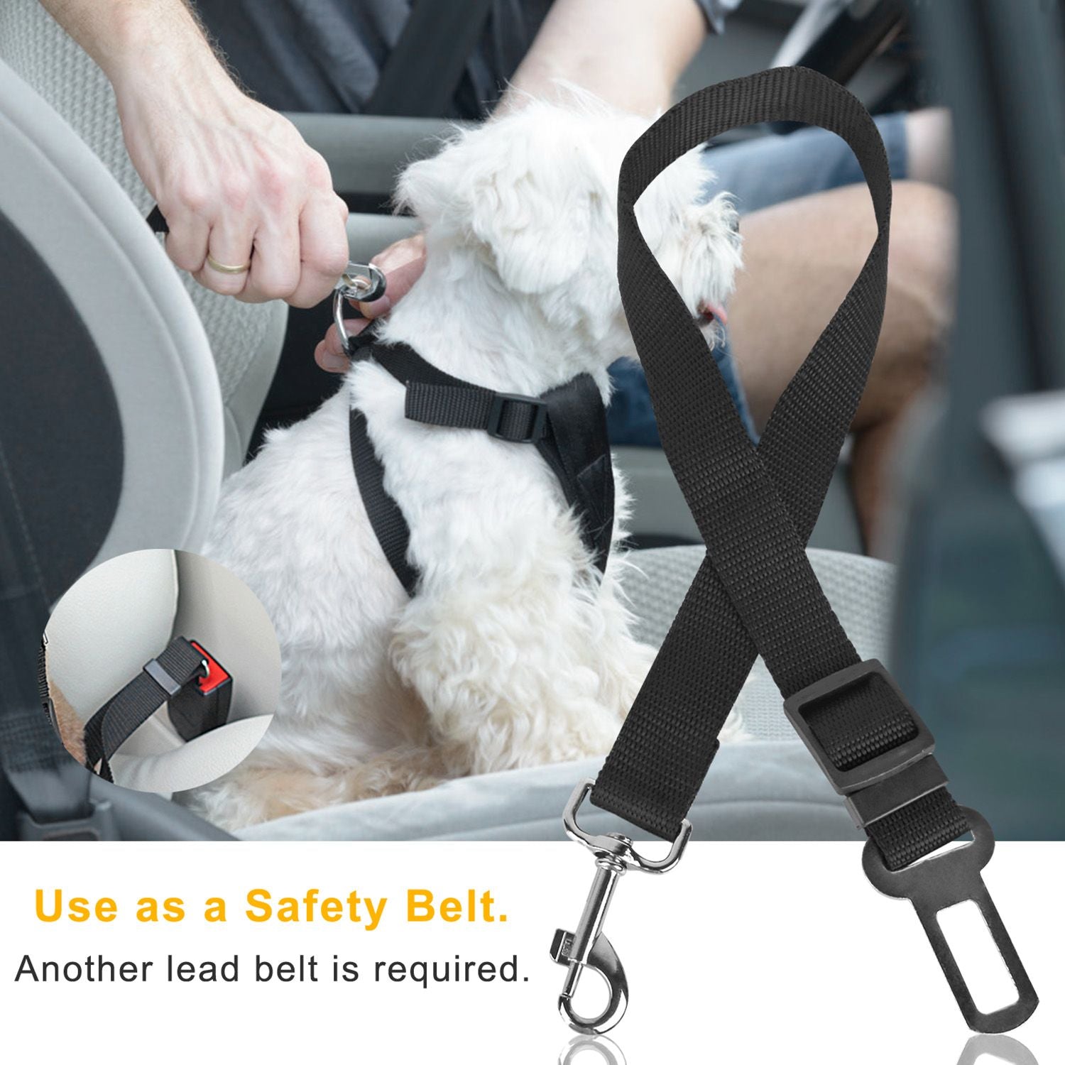 Adjustable black pet seat belt attached to harness on car seat demonstrating swivel tangle-free clip