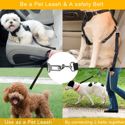 Collage of pet seat belt uses showing attachment in car, harness clip, and connecting two belts to make a leash