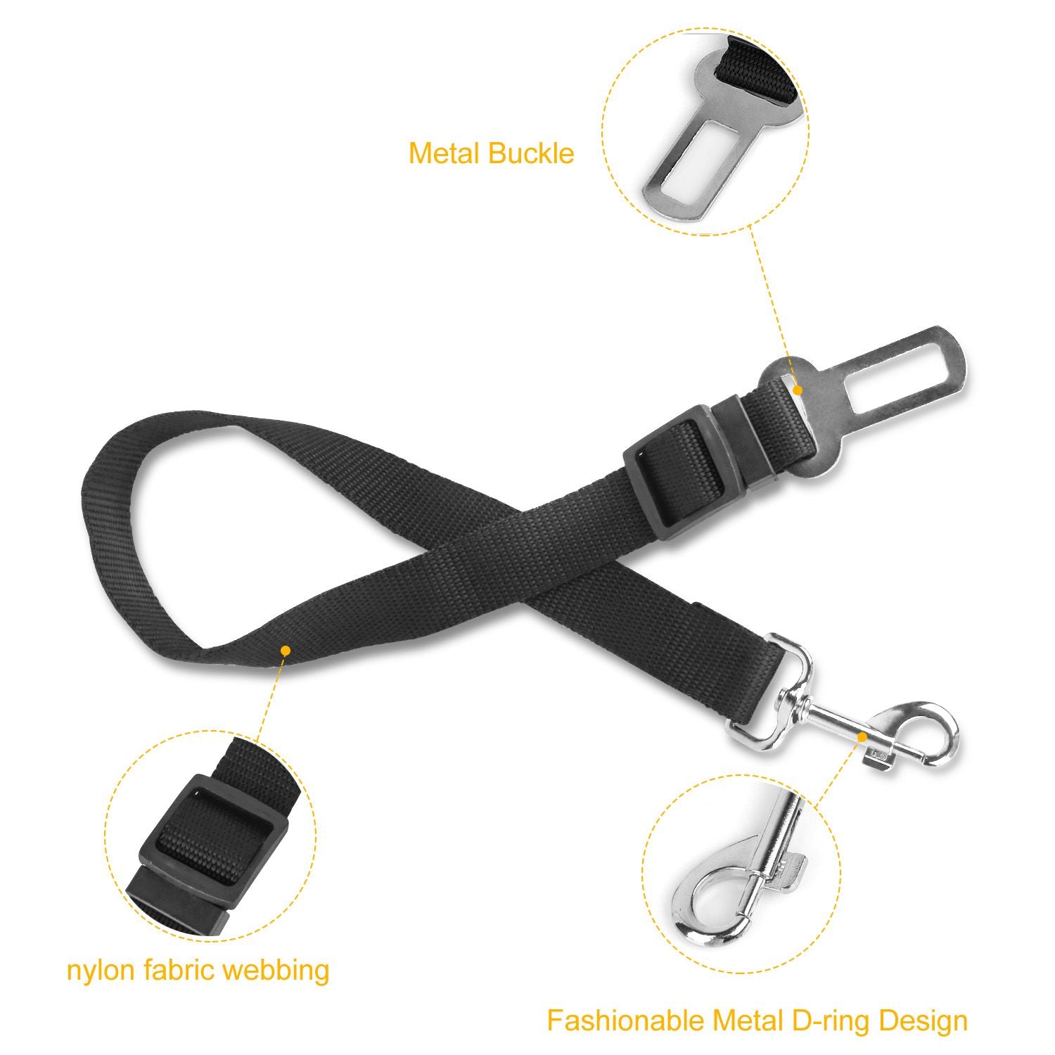 Close-up black nylon pet seat belt strap showing metal buckle, webbing, and swivel carabiner