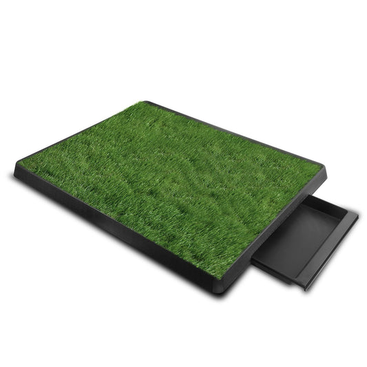 Artificial grass dog potty pad with realistic turf and partially extended removable waste tray