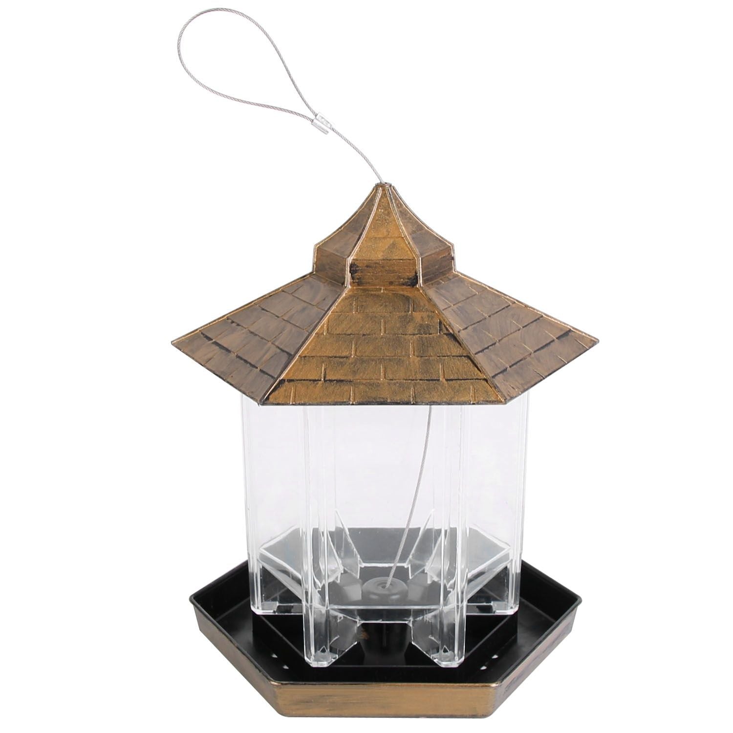 Empty clear-compartment gazebo feeder showing internal dividers, tray base and hanging cable