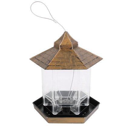 Empty clear-compartment gazebo feeder showing internal dividers, tray base and hanging cable