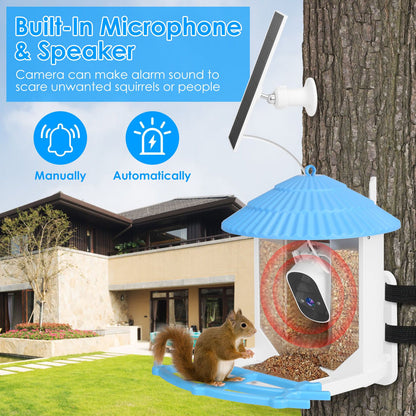 Built-in microphone and speaker graphic showing alarm use to deter squirrels