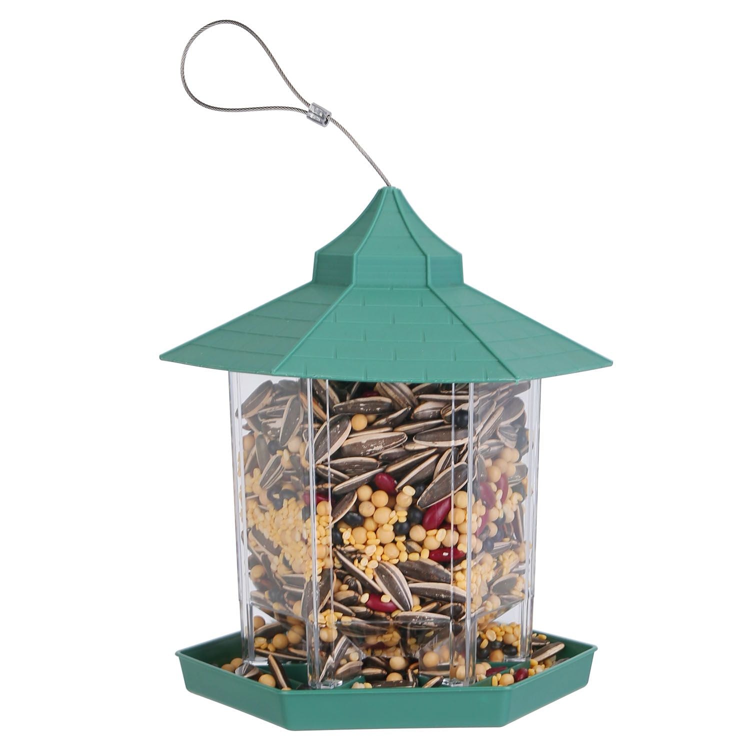 Front studio image of green-roof gazebo bird feeder filled with mixed seeds