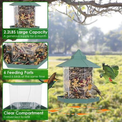 Product feature collage showing capacity, six feeding ports and clear seed compartment