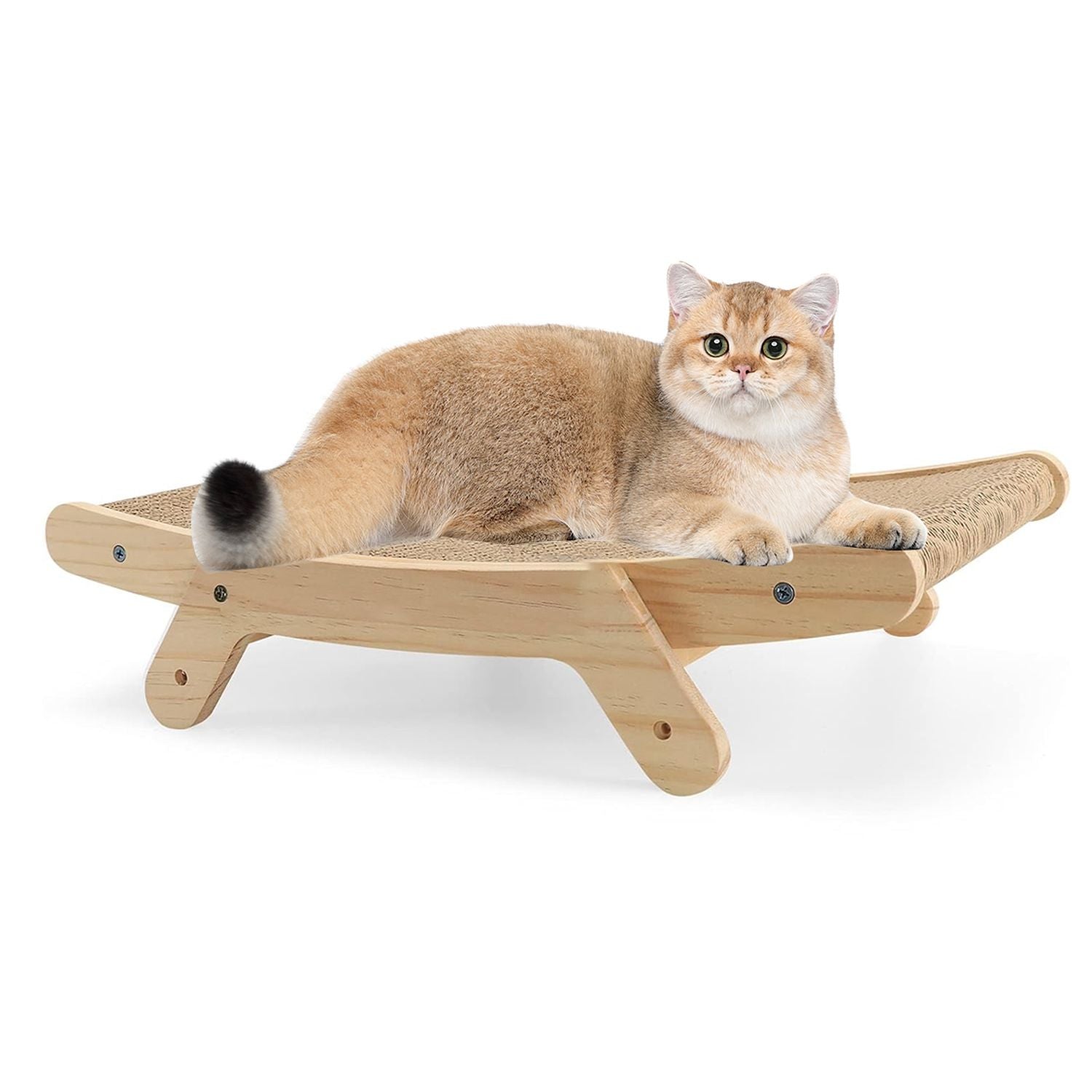 Cat lying on horizontal wooden scratcher showing corrugated cardboard pad and natural wood frame