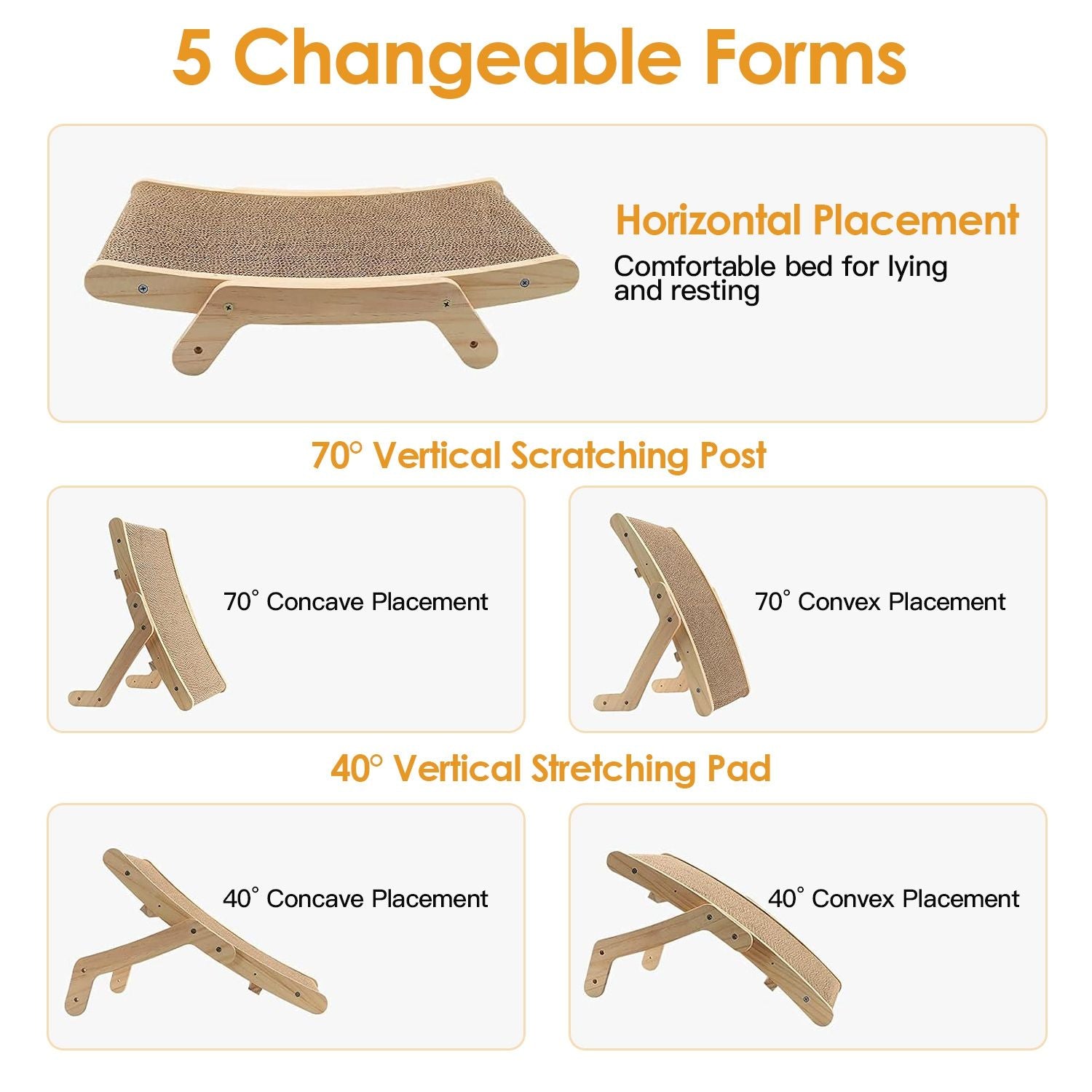 Five possible forms of the wooden cat scratcher in horizontal and angled setups