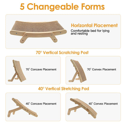 Five possible forms of the wooden cat scratcher in horizontal and angled setups