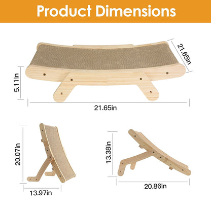 Dimension diagram for assembled cat scratcher with measurements in inches for each form