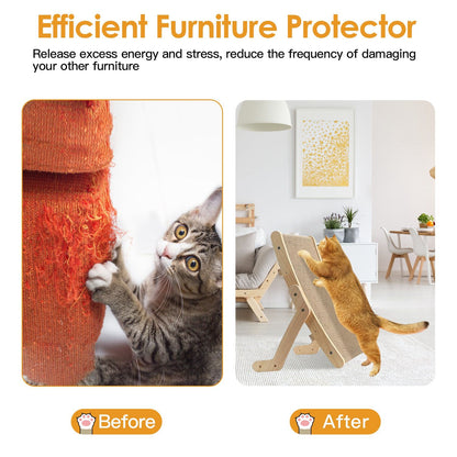 Before/after montage showing furniture damage and cat using vertical wooden scratcher