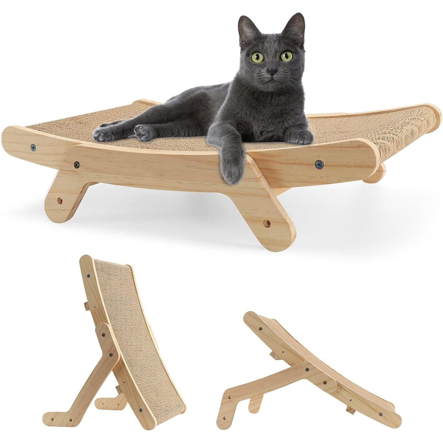 Curved wooden cat scratcher with double-sided cardboard and cat lying on top