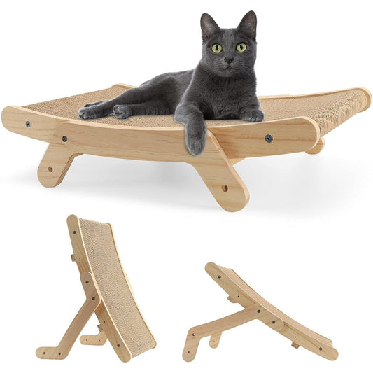 Curved wooden cat scratcher with double-sided cardboard and cat lying on top