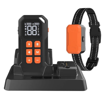 Remote transmitter in charging cradle with receiver collar on charging base, black and orange design