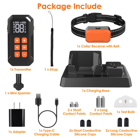 Package contents laid out: transmitter, receiver collar with belt, charging base, cable, adapter and spare parts