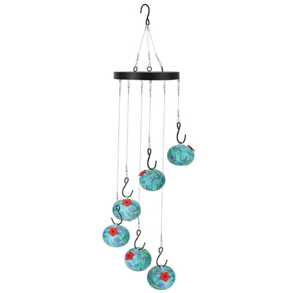 isolated studio view of wind-chime feeder showing six marbled feeder balls and black top ring