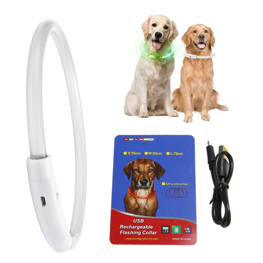 coiled white USB rechargeable LED dog collar with USB cable and product card
