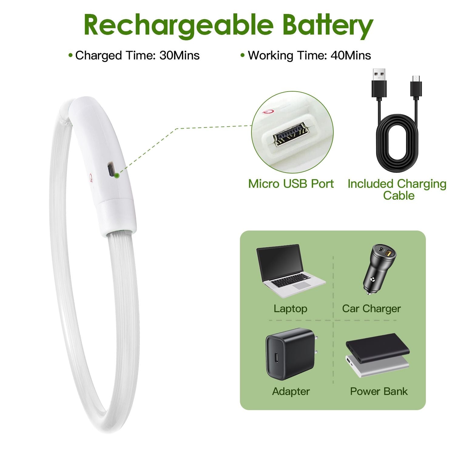 collar close-up with micro USB port and charging cable showing rechargeable battery compatibility