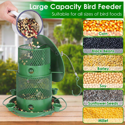 Bird feeder being filled with mixed seeds showing seed types and large capacity