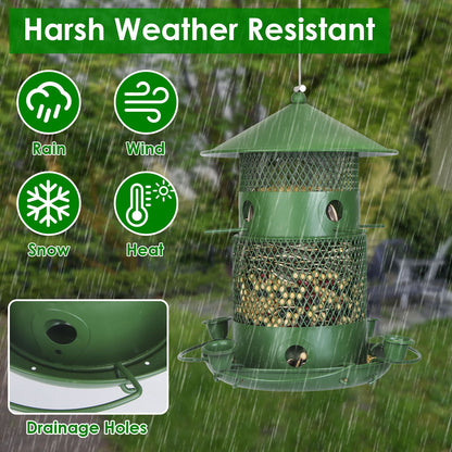 Green metal bird feeder shown in rain with drainage holes, demonstrating weather-resistant design