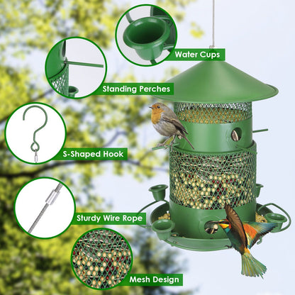 Closeup callouts of feeder parts: water cups, perches, S-hook, wire rope and mesh body