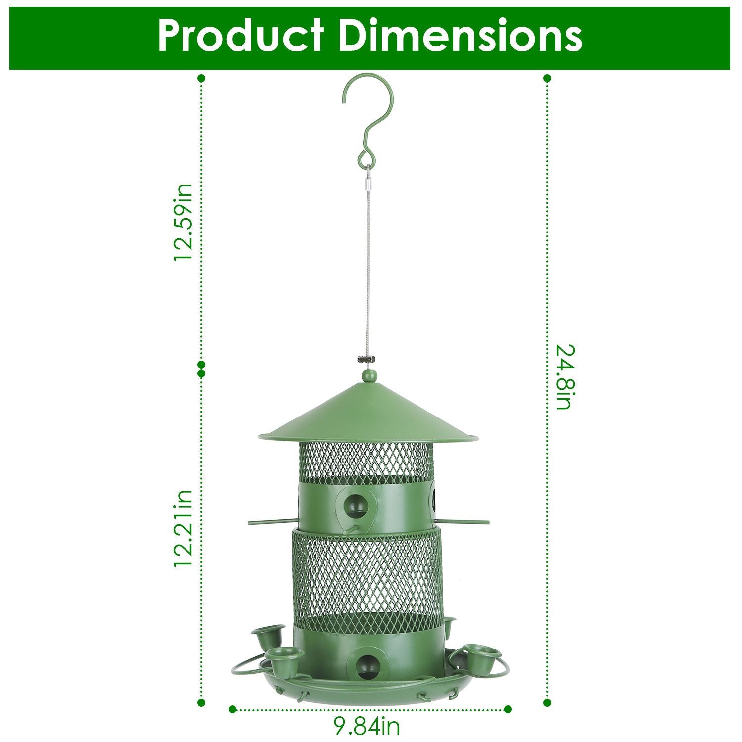 Diagram-style image of feeder with measured height 24.8 in and 9.84 in diameter