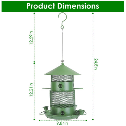 Diagram-style image of feeder with measured height 24.8 in and 9.84 in diameter