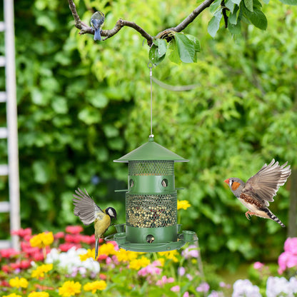 Green hanging bird feeder in backyard garden with birds perched and flowers below