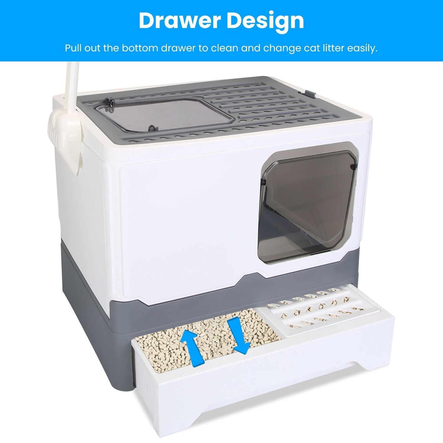 Pull-out bottom litter drawer with dual textured compartments and anti-tracking grate for easy cleaning