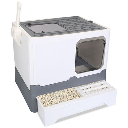White and gray enclosed cat litter box with top opening, front door, pull-out drawer and side scoop