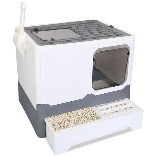 White and gray enclosed cat litter box with top opening, front door, pull-out drawer and side scoop