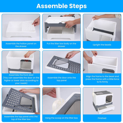 Collage of assembly steps showing how to fit panels, front and top doors, align the frame and hang the scoop
