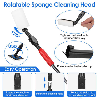 Infographic of rotatable sponge head with 355°/170° rotation, hex key storage and locking mechanism