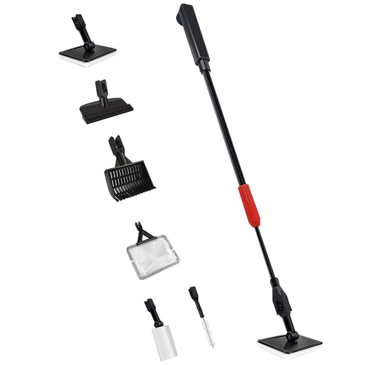 6‑in‑1 aquarium cleaning kit with extendable handle and six interchangeable heads on white background