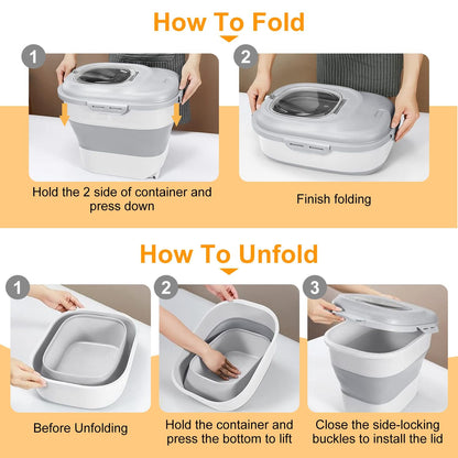 Step-by-step images showing how to fold and unfold the collapsible food storage container