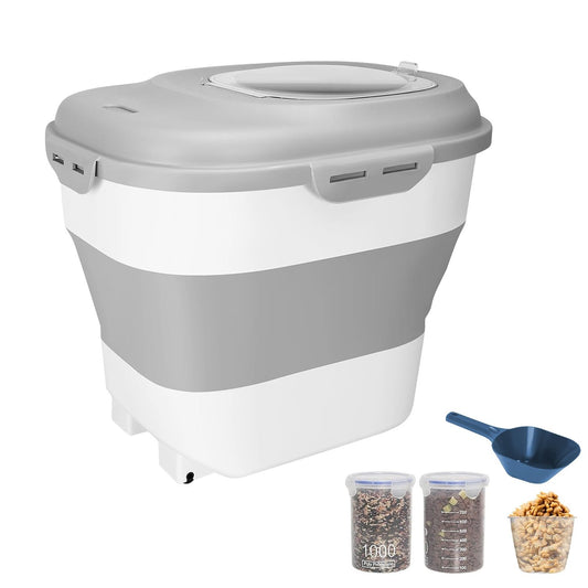 Grey and white collapsible pet food storage container with clear lid, scoop and two measuring jars