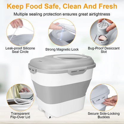 Infographic highlighting silicone seal, magnetic lock and desiccant slot for airtight food storage