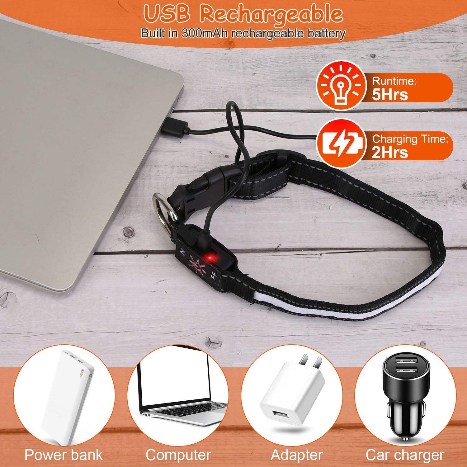Adjustable LED collars S M L shown above a variety of dogs with a size measurement table