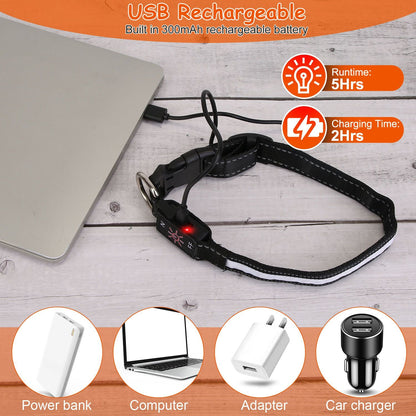 Adjustable LED collars S M L shown above a variety of dogs with a size measurement table