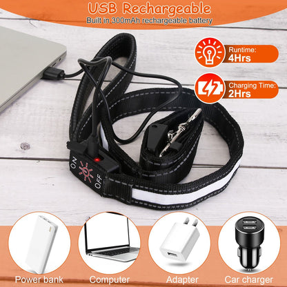 LED leash with USB charging cable connected showing rechargeable battery and on off control