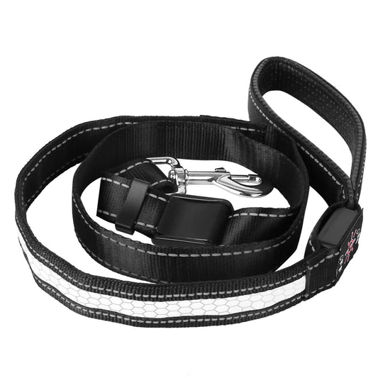 black nylon LED dog leash with reflective strip, padded handle and metal swivel snap hook