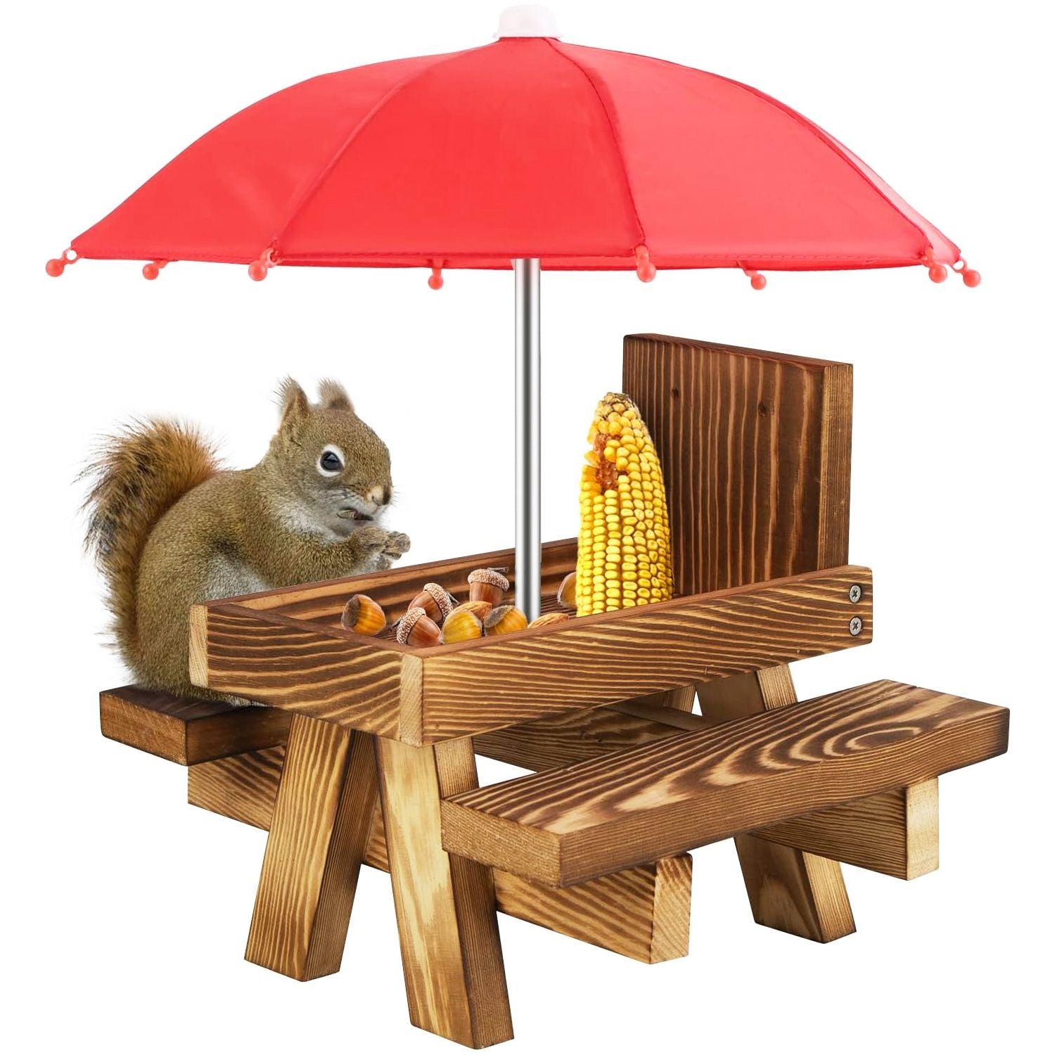 Wooden squirrel feeder picnic table with red umbrella, corn and nuts and squirrel perched on bench