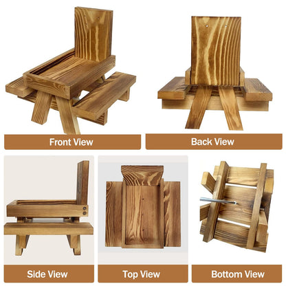 Front, back, side, top and bottom views of the wooden squirrel feeder picnic table