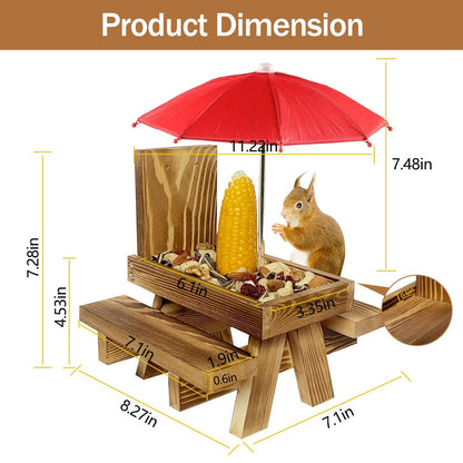 Dimension diagram showing tray, bench and overall measurements with umbrella height and diameter