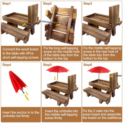 Six-step assembly diagram showing screws, umbrella anchor insertion and mounting board to the feeder