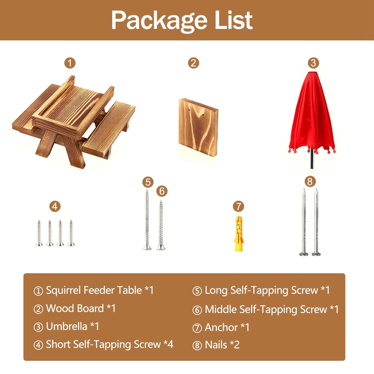 Package contents layout showing feeder tray, wood board, umbrella, screws, nails and anchor