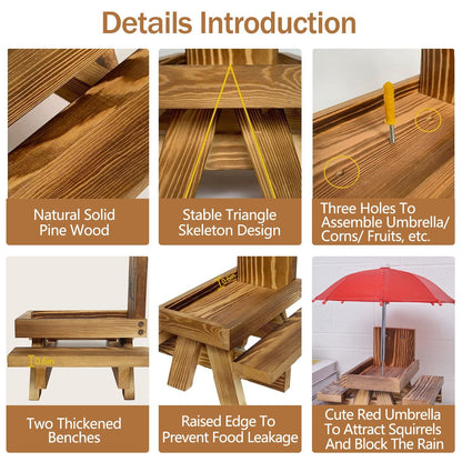 Detail shots of pine wood grain, triangle support, tray holes, raised edge, thick benches and red umbrella
